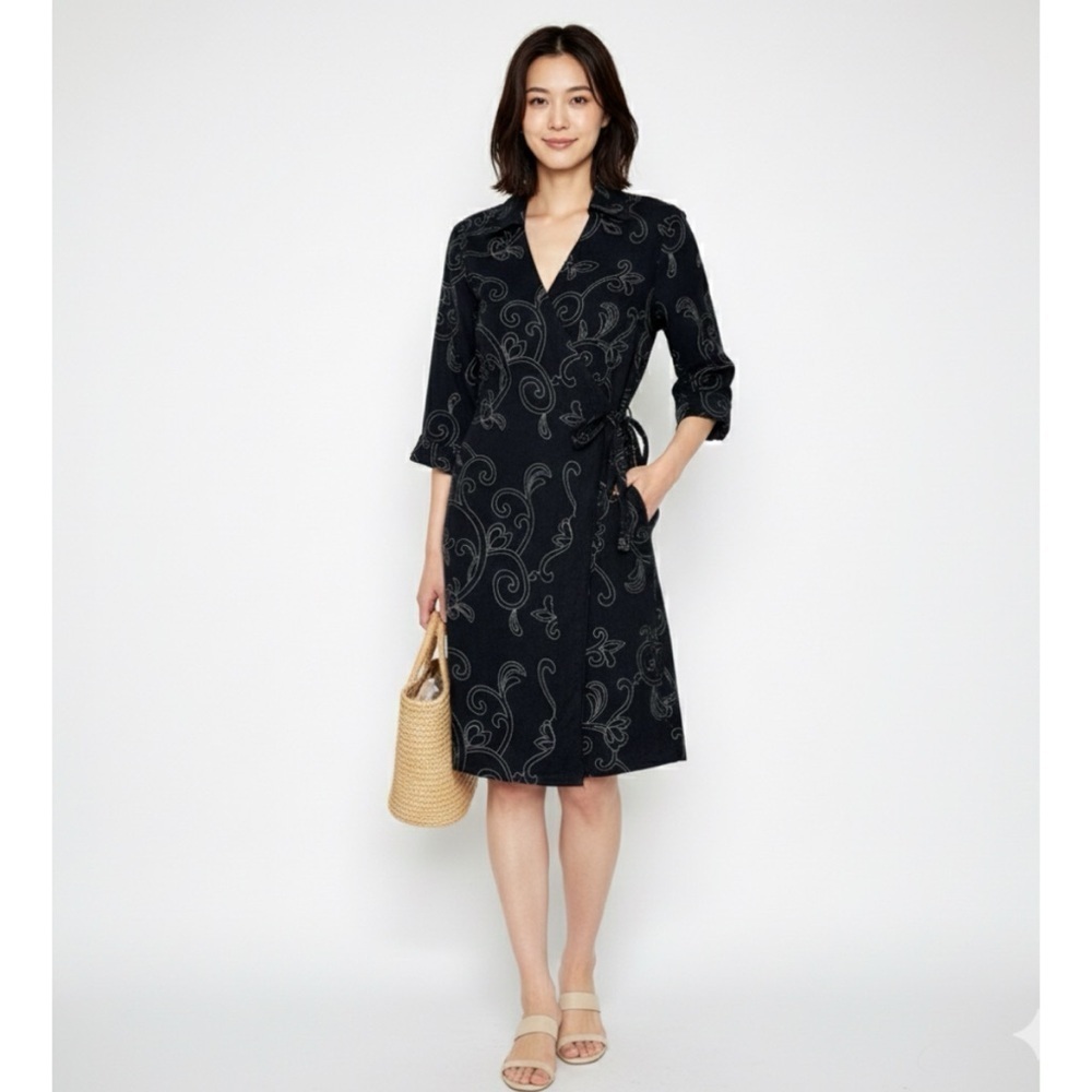 Selene Sport Black Linen Blend Embroidered Wrap Dress Size Medium
